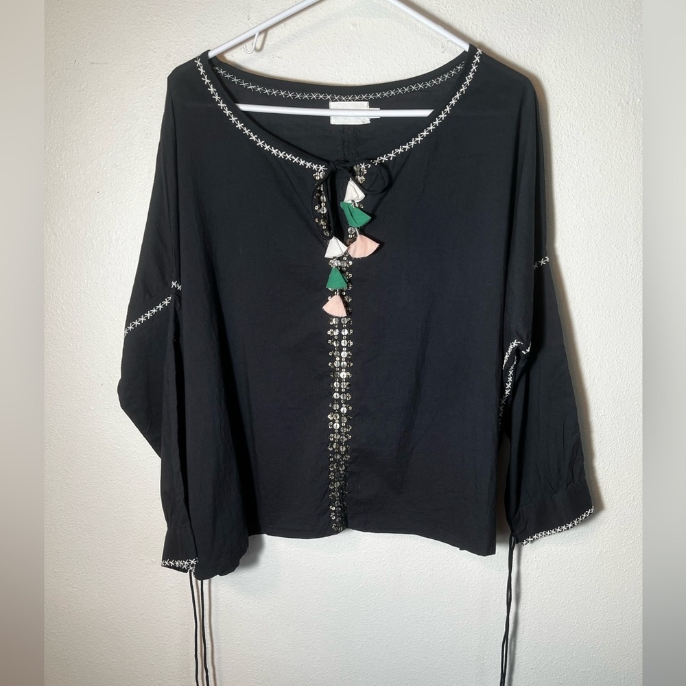 FLANNEL America Boho Tasseled Embroidered Peasant‎ Blouse Size S/M